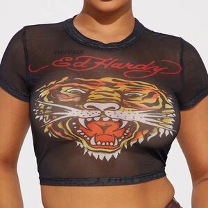 Ed Hardy Tiger Head Mesh Fitted Tee - Black